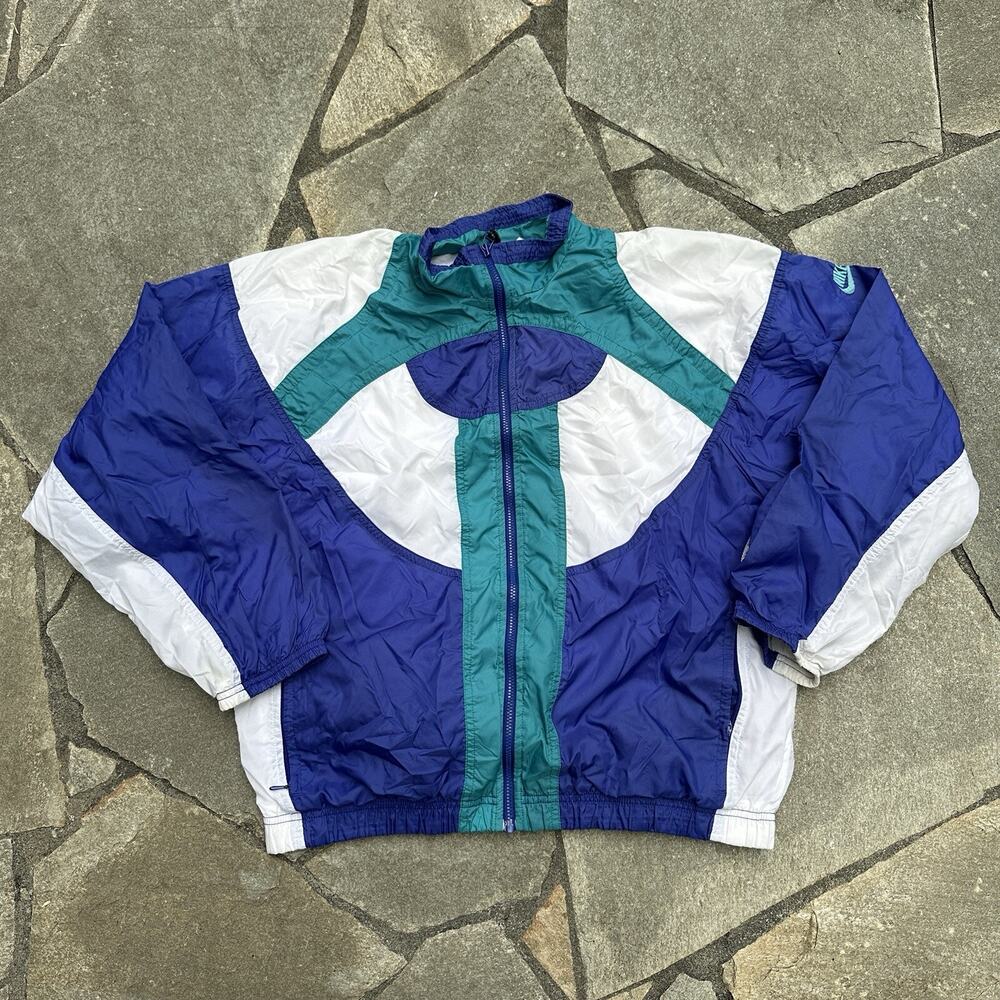 Vintage Nike Jacket Womens Women Blue White Windbreaker Retro Full Zip Boxy 90s